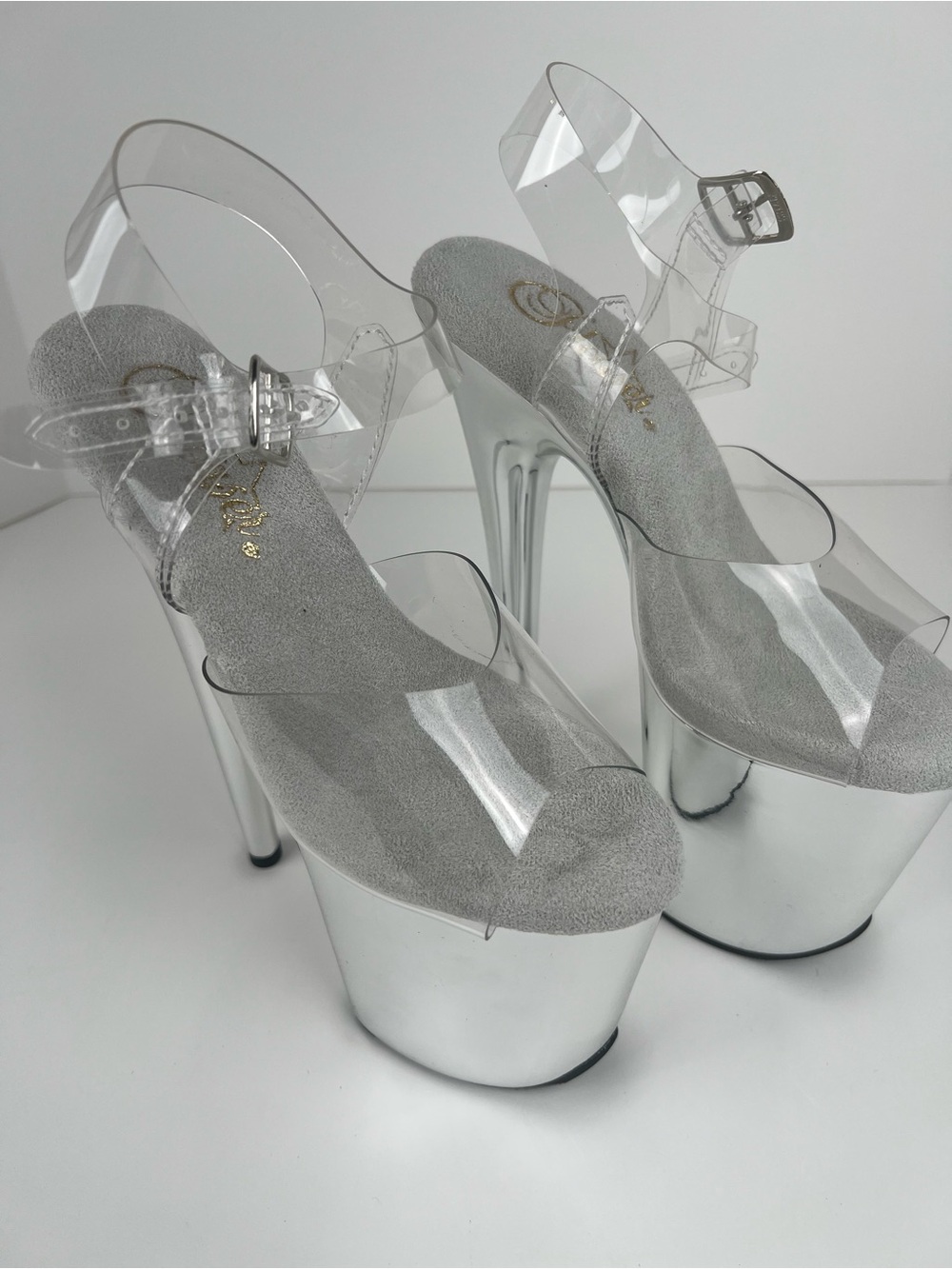 Pleaser Silver Mirror Platform Heels with Clear Straps